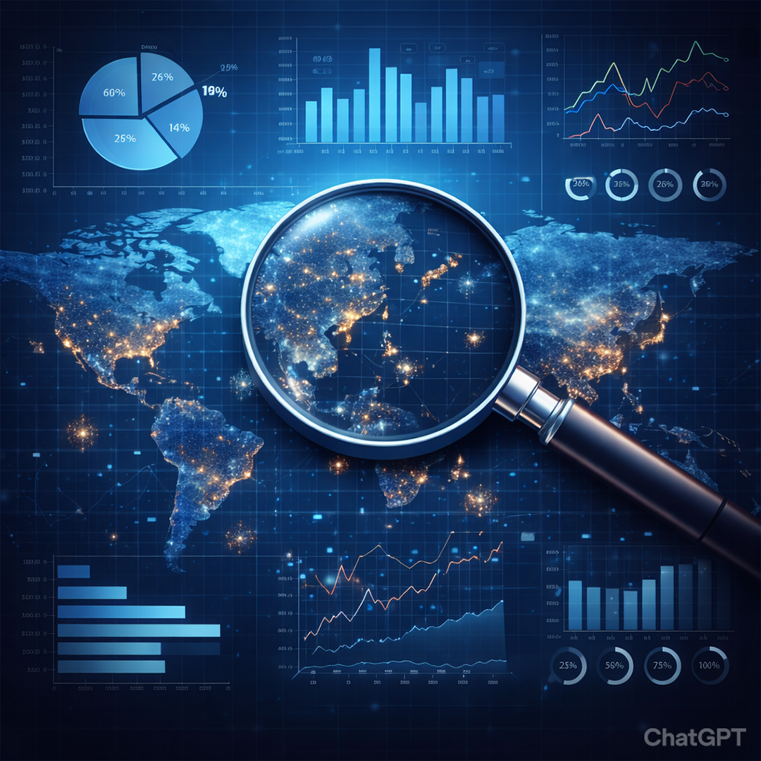 Wereldkaart met offshore locaties, overlaid met grafieken, diagrammen en een vergrootglas dat een regio benadrukt.